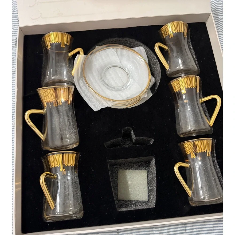 Otantik Home Mirral Turkish Tea Set 6 Cups 6 Saucers Gold Trim Glass Boxed New